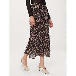 Frank And Oak Midi Skirt Floral Print Black Brown Tiered Layered Women's Size M